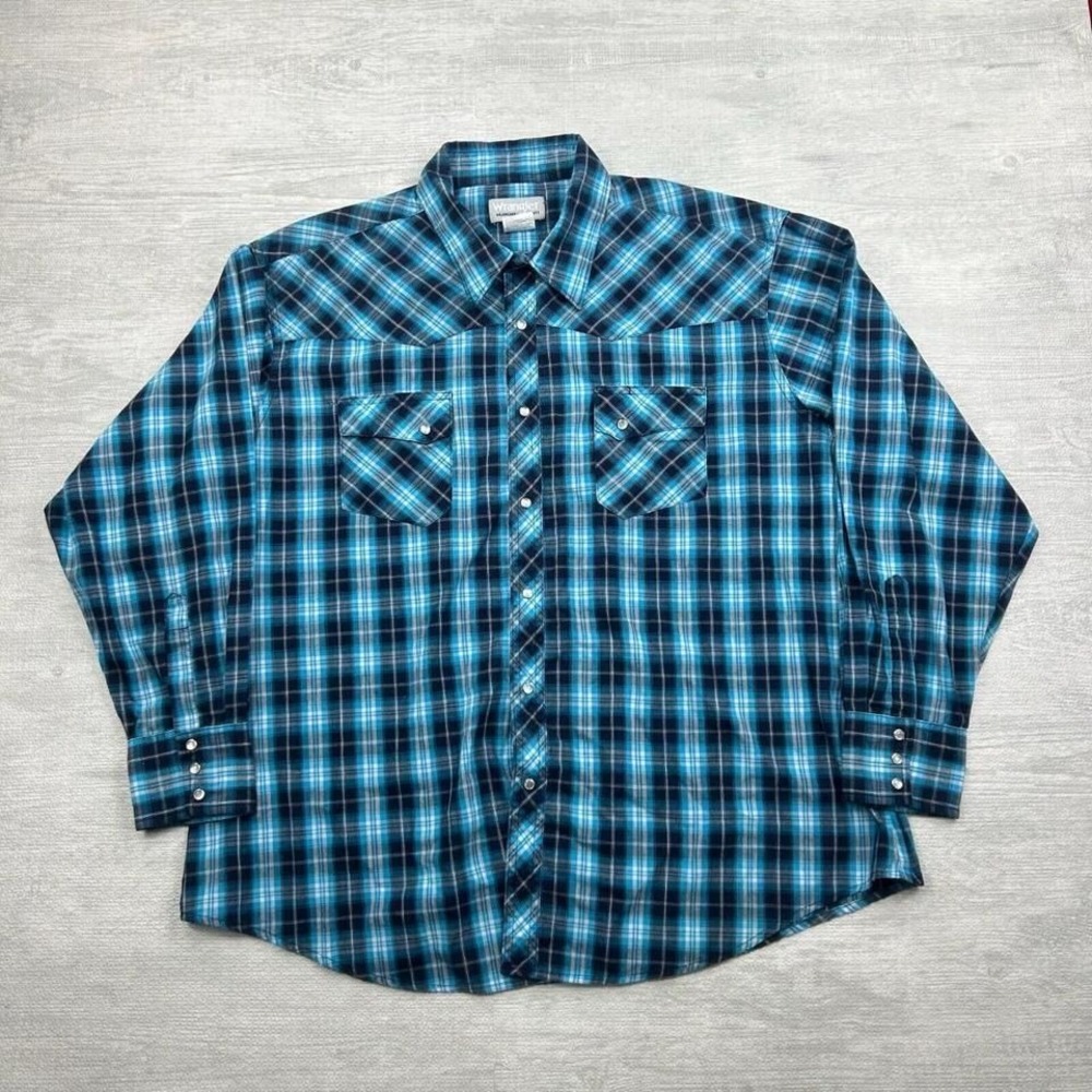 Vintage Wrangler Western Shirt Mens 2XL Blue Pearl Snap Long Sleeve Wrancher